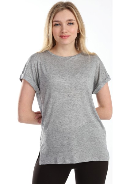 Kadın, Gri Oversize Yaka T-Shirt