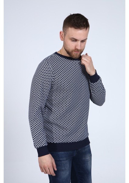 Erkek Lacivert Jakarlı Puantiye Desen Sweatshirt