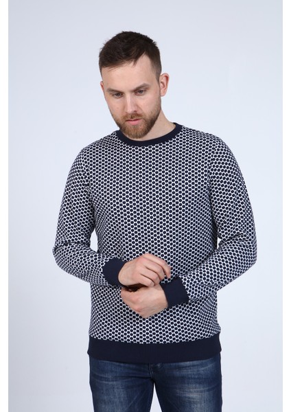 Erkek Lacivert Jakarlı Puantiye Desen Sweatshirt modelleri