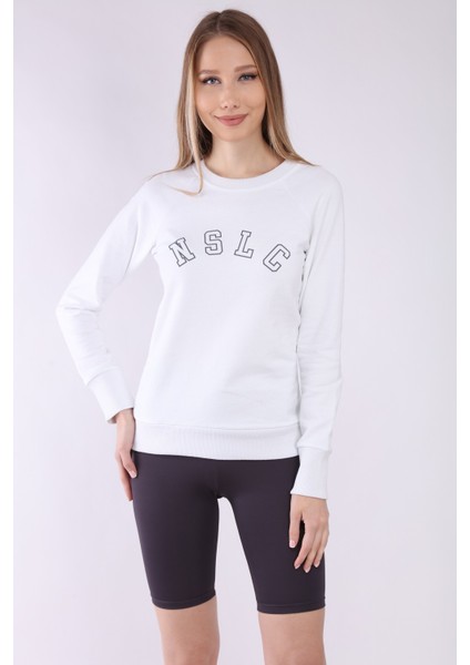 Kadın Beyaz Reglan Kol Basic Yaka Sweatshirt