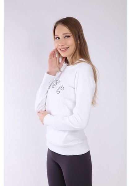 Kadın Beyaz Reglan Kol Basic Yaka Sweatshirt