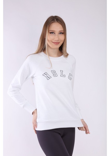 Kadın Beyaz Reglan Kol Basic Yaka Sweatshirt