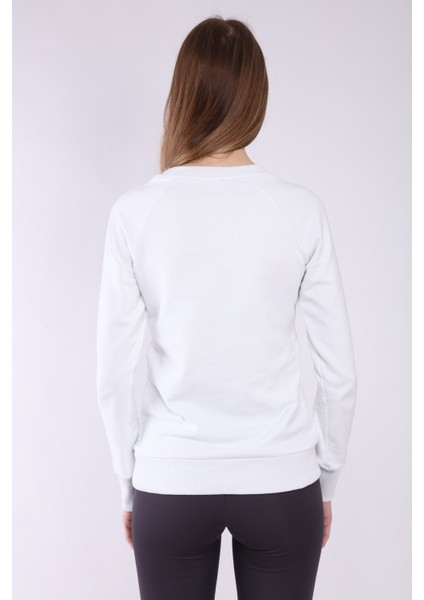 Kadın Beyaz Reglan Kol Basic Yaka Sweatshirt