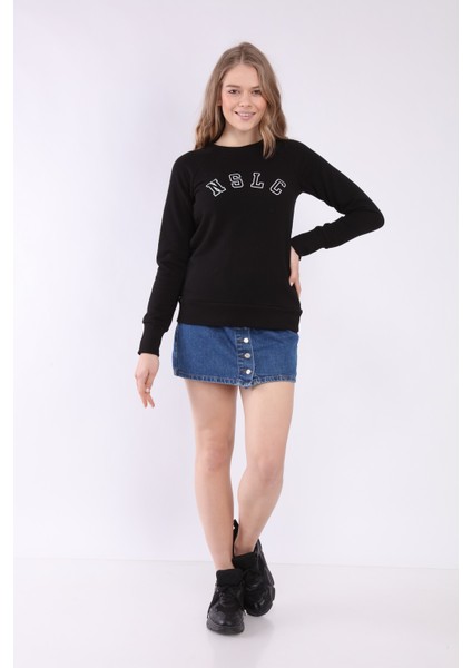 Kadın Siyah Reglan Kol Basic Yaka Sweatshirt