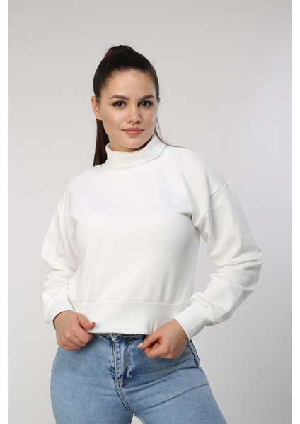 Kadın Siyah Balıkçı Yaka Crop Sweat