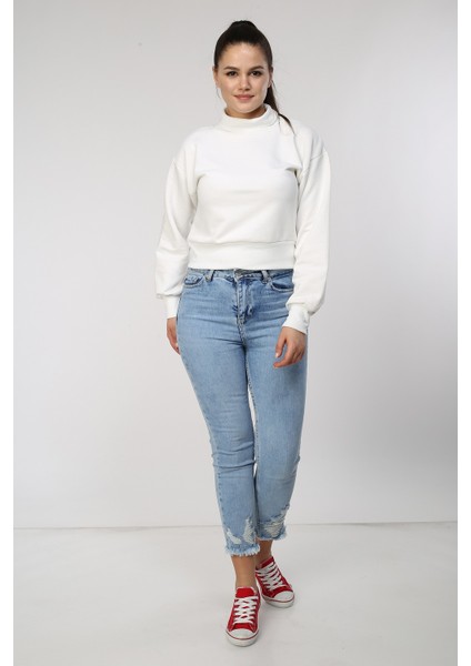 Kadın Ekru Balıkçı Yaka Crop Sweat indirimleri