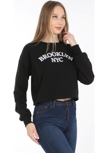 Kadın Siyah Crop Havlu Nakışlı Sweat fiyatları