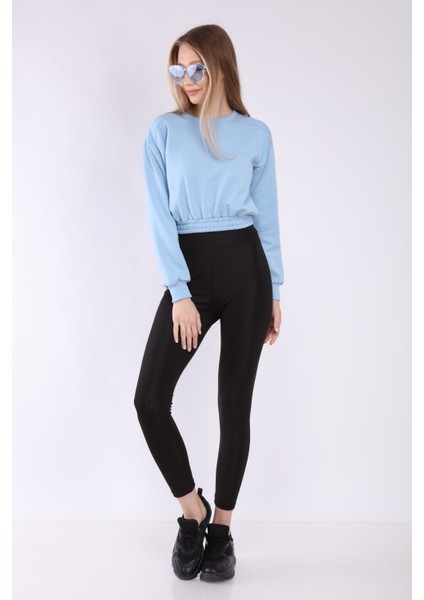 Kadın Mavi Crop Basic Sweatshirt