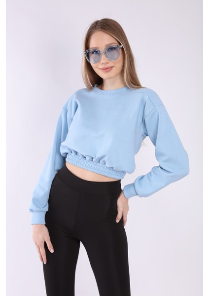 Kadın Mavi Crop Basic Sweatshirt fiyatları