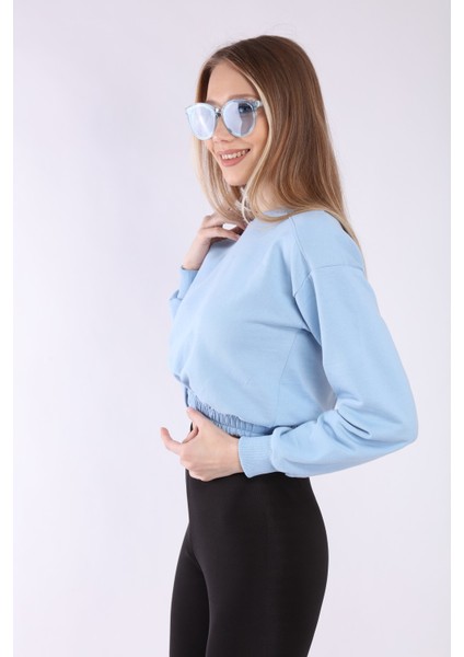 Kadın Mavi Crop Basic Sweatshirt modelleri