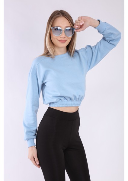 Kadın Mavi Crop Basic Sweatshirt fırsatları