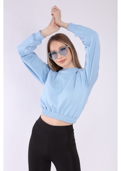 Kadın Mavi Crop Basic Sweatshirt indirimleri