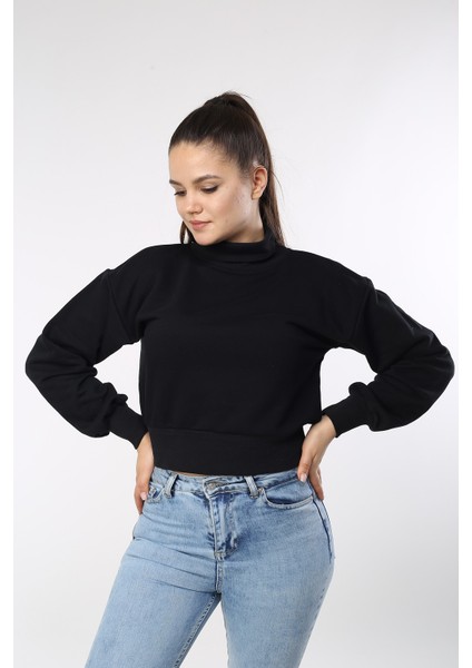 Kadın Siyah Balıkçı Yaka Crop Sweat fiyatları