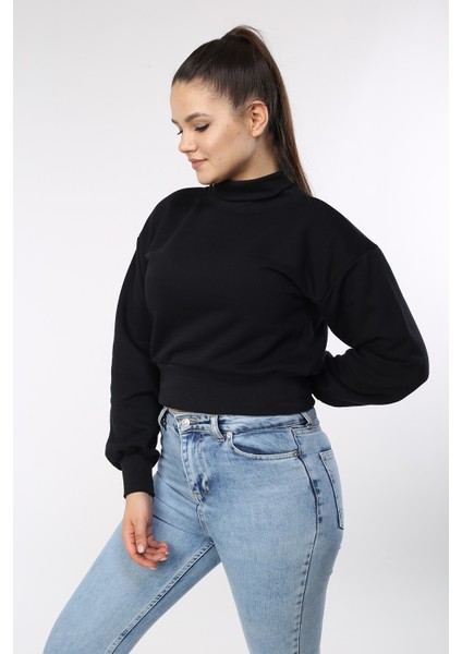 Kadın Siyah Balıkçı Yaka Crop Sweat modelleri
