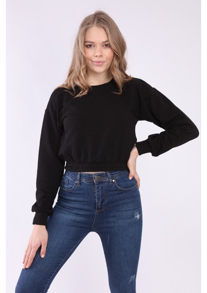 Kadın Siyah Crop Basic Sweatshirt