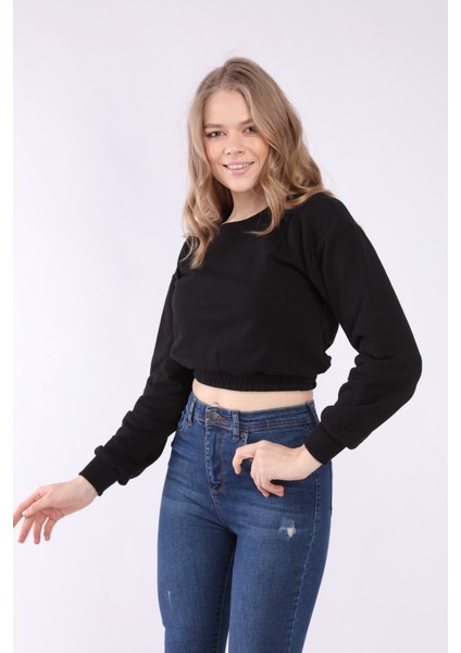 Kadın Siyah Crop Basic Sweatshirt