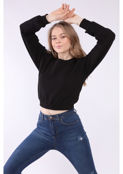 Kadın Siyah Crop Basic Sweatshirt