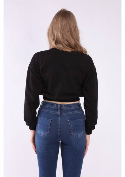 Kadın Siyah Crop Basic Sweatshirt