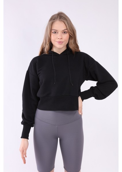 Kadın Siyah Kapüşonlu Crop Spor Sweatshirt