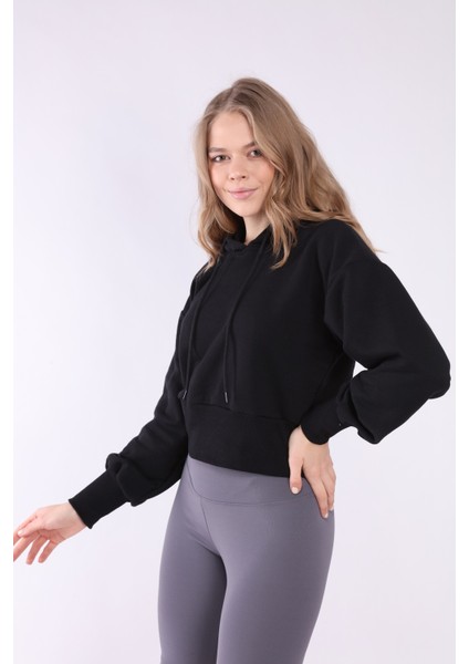 Kadın Siyah Kapüşonlu Crop Spor Sweatshirt