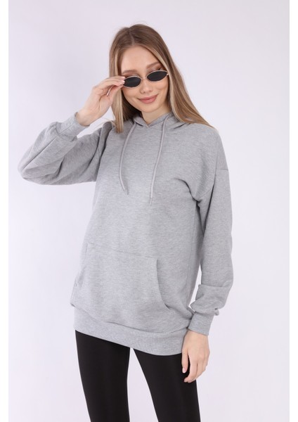 Kadın Gri Kapüşonlu Sweatshirt