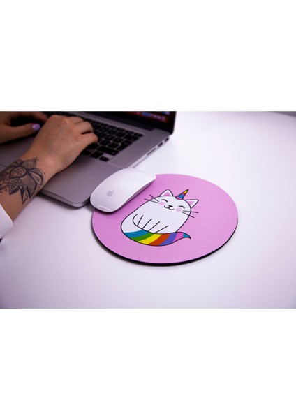 Gökkuşağı Sevimli Kedi Mouse Pad Desenli Yuvarlak 20 cm Mouse Pad