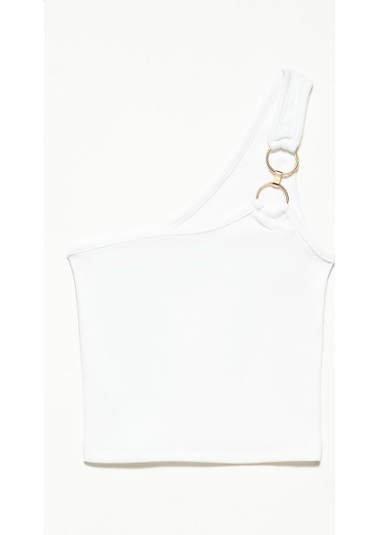 3781 Tek Omuzlu Crop Top-Beyaz
