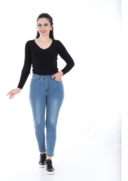 Kadın Dar Paça Likralı Yumuşak Kumaş Kot Pantolon (Koyu Mavi)