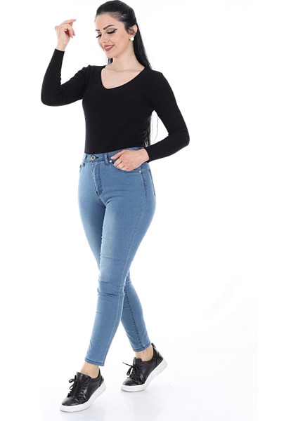 Kadın Dar Paça Likralı Yumuşak Kumaş Kot Pantolon (Koyu Mavi)