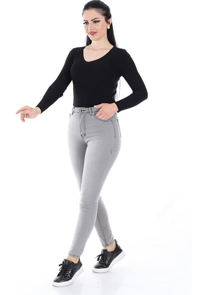 Kadın Dar Paça Likralı Yumuşak Kumaş Kot Pantolon (Grii)