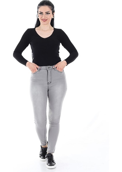 Kadın Dar Paça Likralı Yumuşak Kumaş Kot Pantolon (Grii)