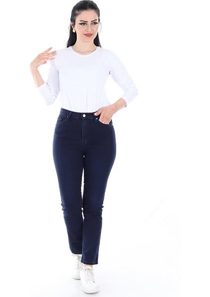 Kadın Boru Paça Likralı Yumuşak Kumaş Yüksek Bel Kot Pantolon (Lacivert)