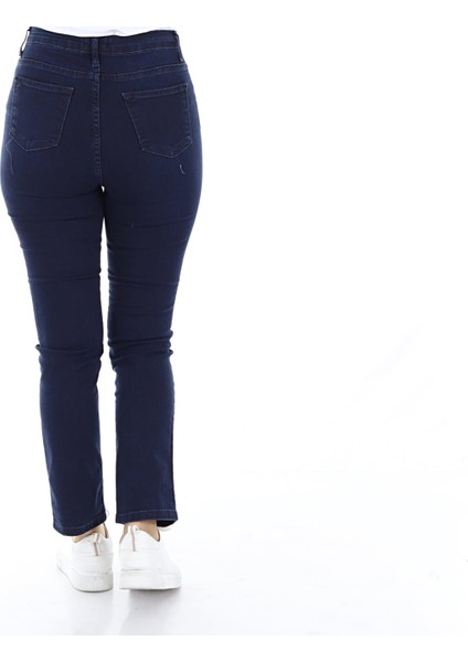 Kadın Boru Paça Likralı Yumuşak Kumaş Yüksek Bel Kot Pantolon (Lacivert)