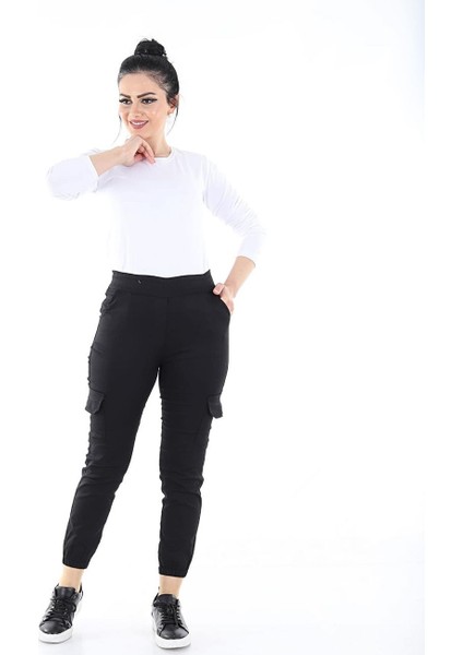 Kadın Beli Lastikli Likralı Keten Kargo Pantolon (Siyah) modelleri