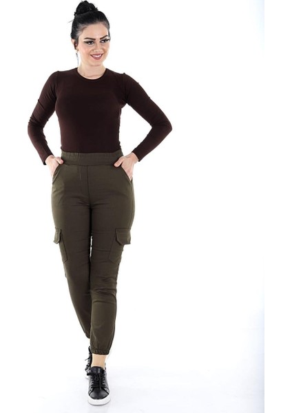 Kadın Beli Lastikli Likralı Keten Kargo Pantolon (Yeşi)