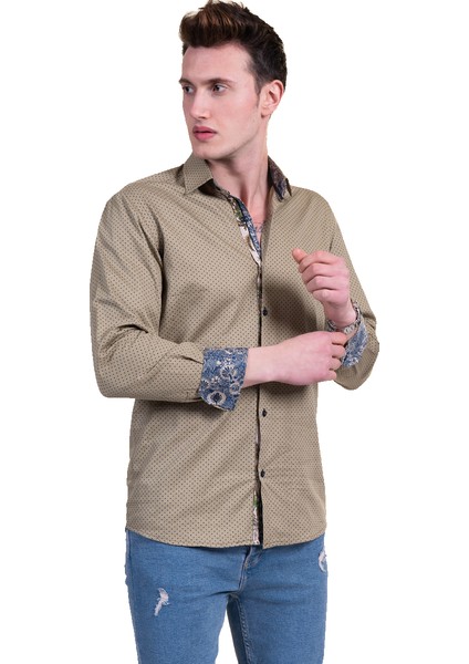 Haki Lacivert Puantiyeli Yaka Manşet Detaylı Slim Fit Erkek Gömlek