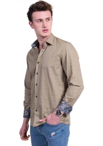 Haki Lacivert Puantiyeli Yaka Manşet Detaylı Slim Fit Erkek Gömlek fiyatları