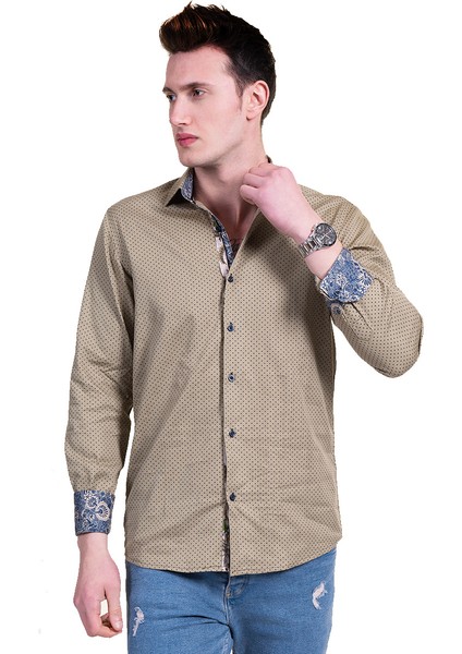 Haki Lacivert Puantiyeli Yaka Manşet Detaylı Slim Fit Erkek Gömlek modelleri