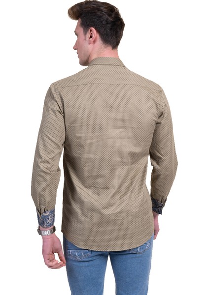 Haki Lacivert Puantiyeli Yaka Manşet Detaylı Slim Fit Erkek Gömlek fırsatları