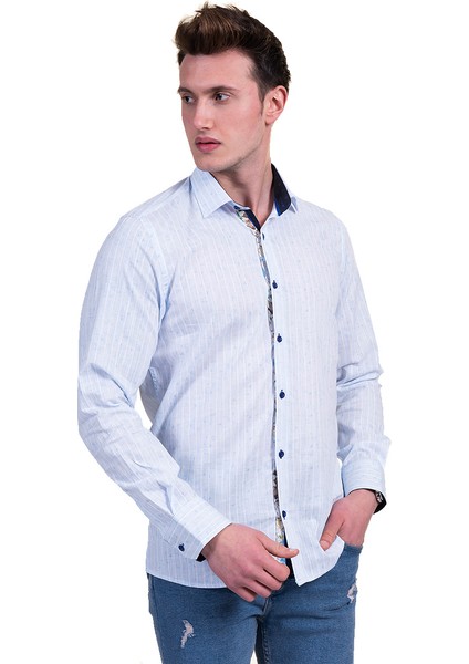 Mavi Beyaz Çizgili Yaka Detaylı Doğal Keten Slim Fit Erkek Gömlek