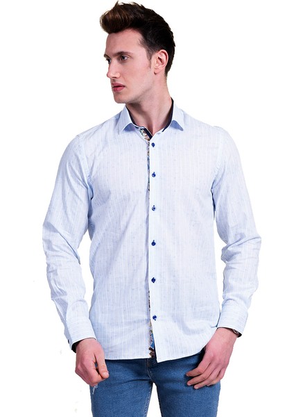 Mavi Beyaz Çizgili Yaka Detaylı Doğal Keten Slim Fit Erkek Gömlek fiyatları
