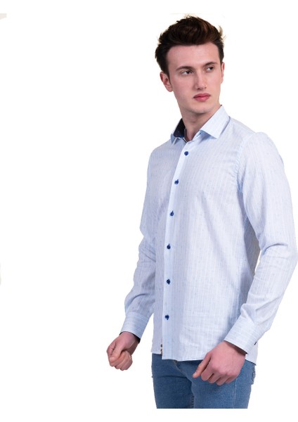 Mavi Beyaz Çizgili Yaka Detaylı Doğal Keten Slim Fit Erkek Gömlek modelleri
