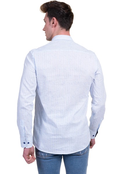 Mavi Beyaz Çizgili Yaka Detaylı Doğal Keten Slim Fit Erkek Gömlek fırsatları