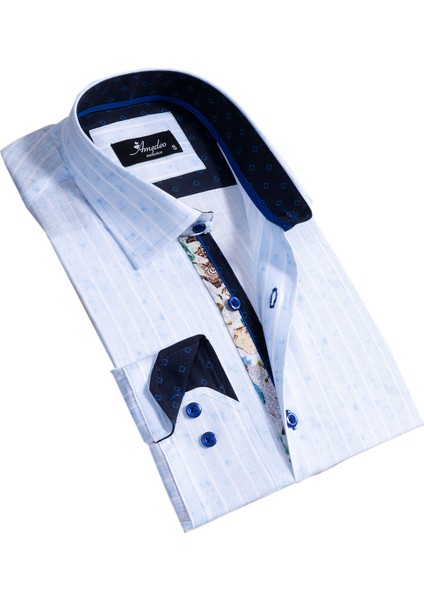 Mavi Beyaz Çizgili Yaka Detaylı Doğal Keten Slim Fit Erkek Gömlek indirimleri