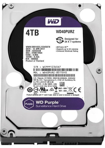 WD40PURZ Purple 3.5'' 4tb Sata 3.0 64MB Cache 7/24 Güvenlik Harddisk