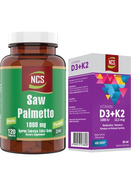 Saw Palmetto 1000 Mg 120 Tablet+Vitamin D3 K2 20 ml