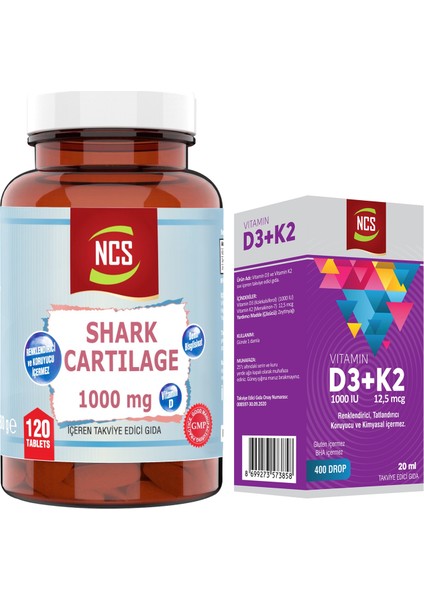 Shark Cartilage Köpek Balığı KIKIRDAĞI120 Tab+Vitamin D3 K2 20 ml