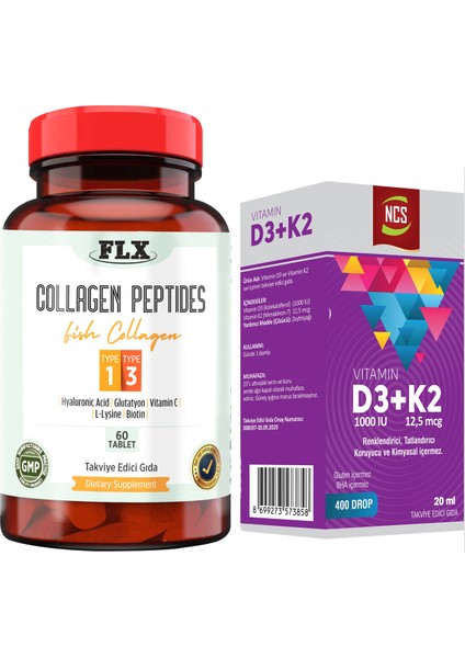 Balık Kollajeni Tip 1-3 Collagen 60 Tablet+Vitamin D3 K2 20 ml