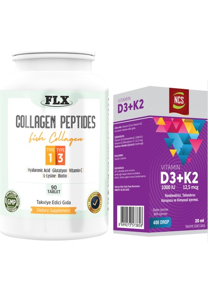 Collagen Peptıdes Type 1/3 Balık Kollajeni Tip 1-3 1000 Mg 90 Tablet+Vitamin D3 K2 20 ml