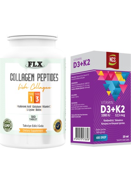Balık Kollajeni Tip 1-3 Collagen 180 Tablet+Vitamin D3 K2 20 ml